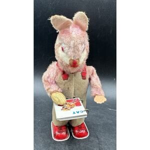 Rare Vintage Alps Rabbit Tin Wind-up Toy Reading Book Works Beautifully!